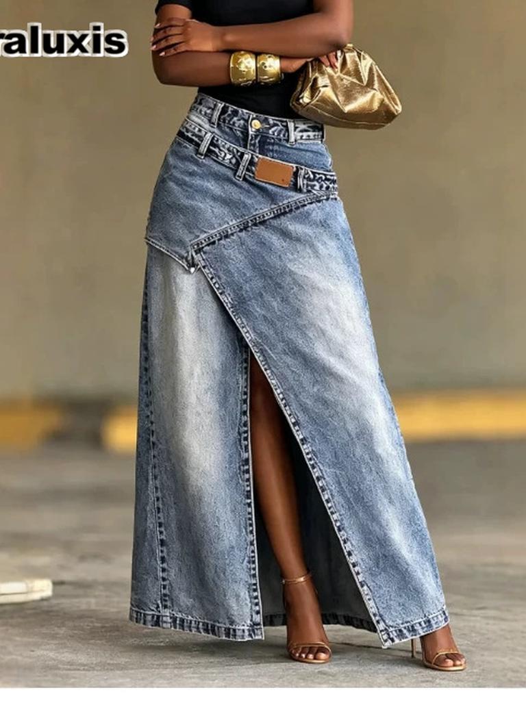 Neues Design Patchwork Lagen-Wasch-Denim-Hose Langer Rock Damen