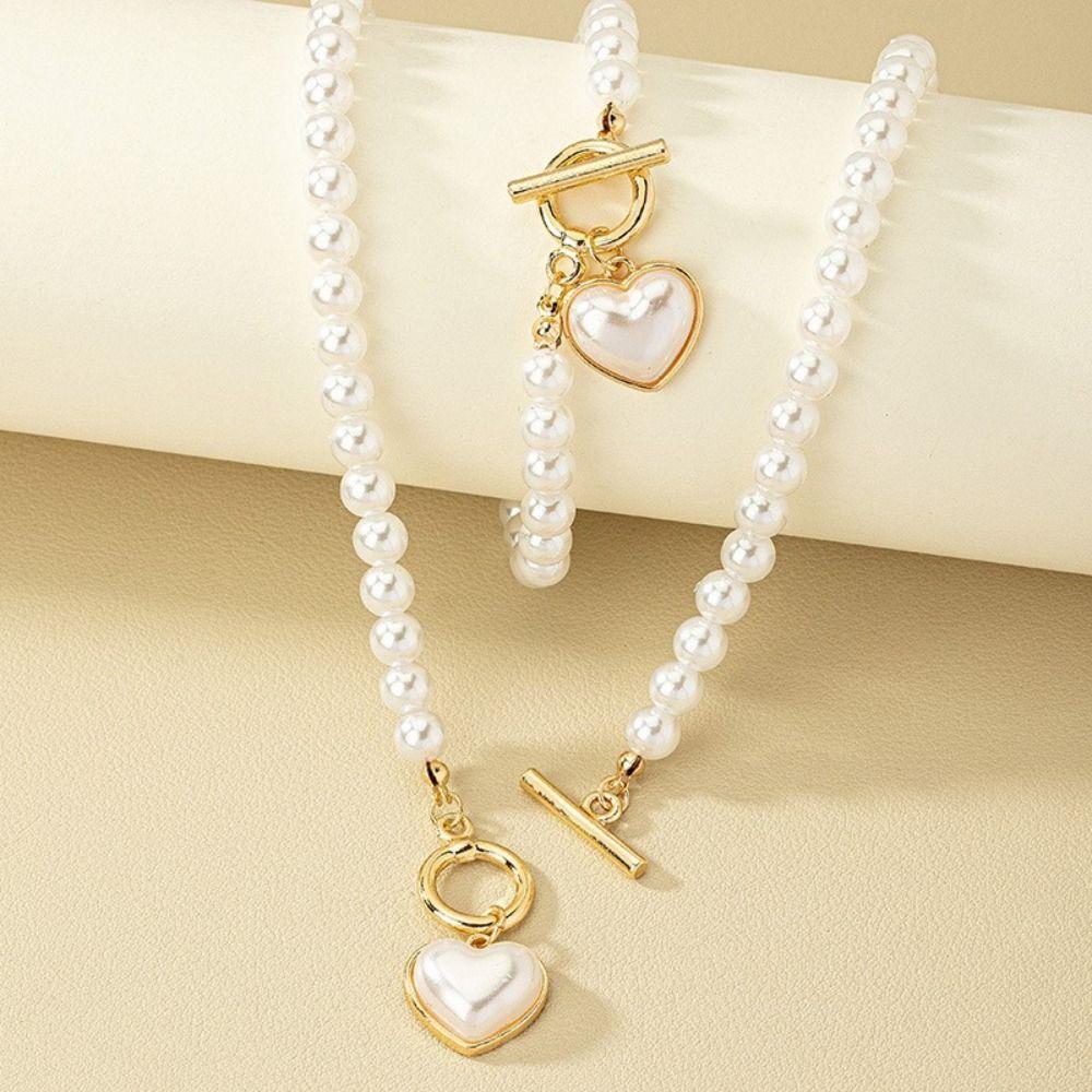 Exquisite Heart Pendant Jewelry Set Beaded Pearl Necklace Set Necklace Bracelet Set  Wedding Party