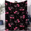 Black Pink Heart Bowknot Air Conditioning Blanket Romantic Cartoon Pattern Nap Blanket for Sofa & Bed, Soft Gift & Women Blanket