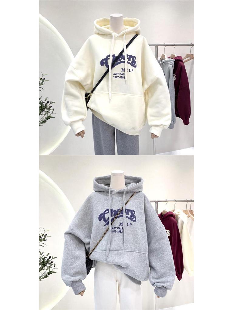 Women's Fleece-Lined Hoodie: Ulzzang Loose-Fit, Korean Style, Autumn/Winter 2025 Trend.