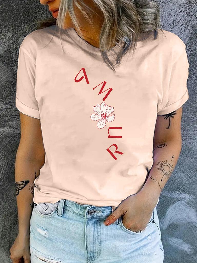 Women'S Casual Round-Neck T-Shirt with Stylish Letter Print for Spring and Summer