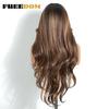 FREEDOM Synthetic Lace Front Wigs For Women 28 Inches Long Layered Wavy T Part Ombre Brown Blonde Wig With Bangs Cosplay Wigs