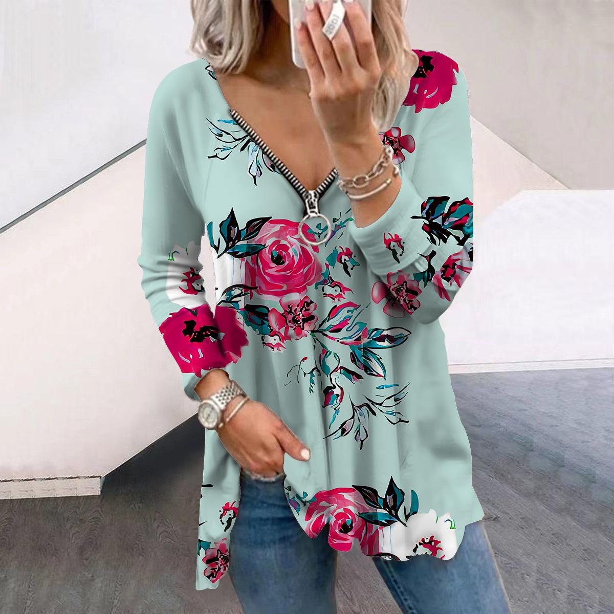 

Женские осенние цветочные розовые пионы с длинным рукавом футболки свободные V-образным вырезом больших размеров футболки топы удобные блузки 8XL циан