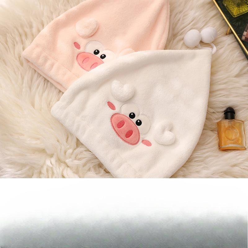 Cartoon Little Pig Qiao, Coral Velvet Princess Hat, Facial Embroidery Shower Cap, Water-absorbing Thickened Hair Cap for Girls