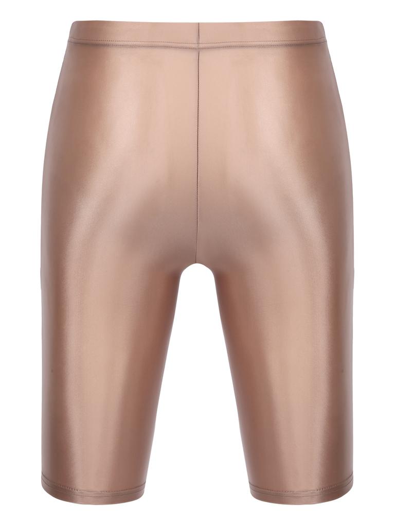 Mens Glossy High Waist Shorts Elastic Sports Leggings Workout Swimwear Gym Bottoms