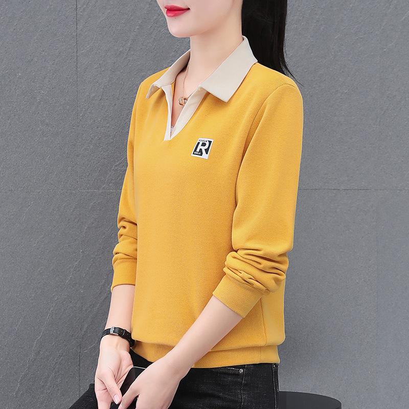 

2024 Модная женская футболка с воротником-поло и длинным рукавом на весну и осень M (95-105 catties) жёлтый