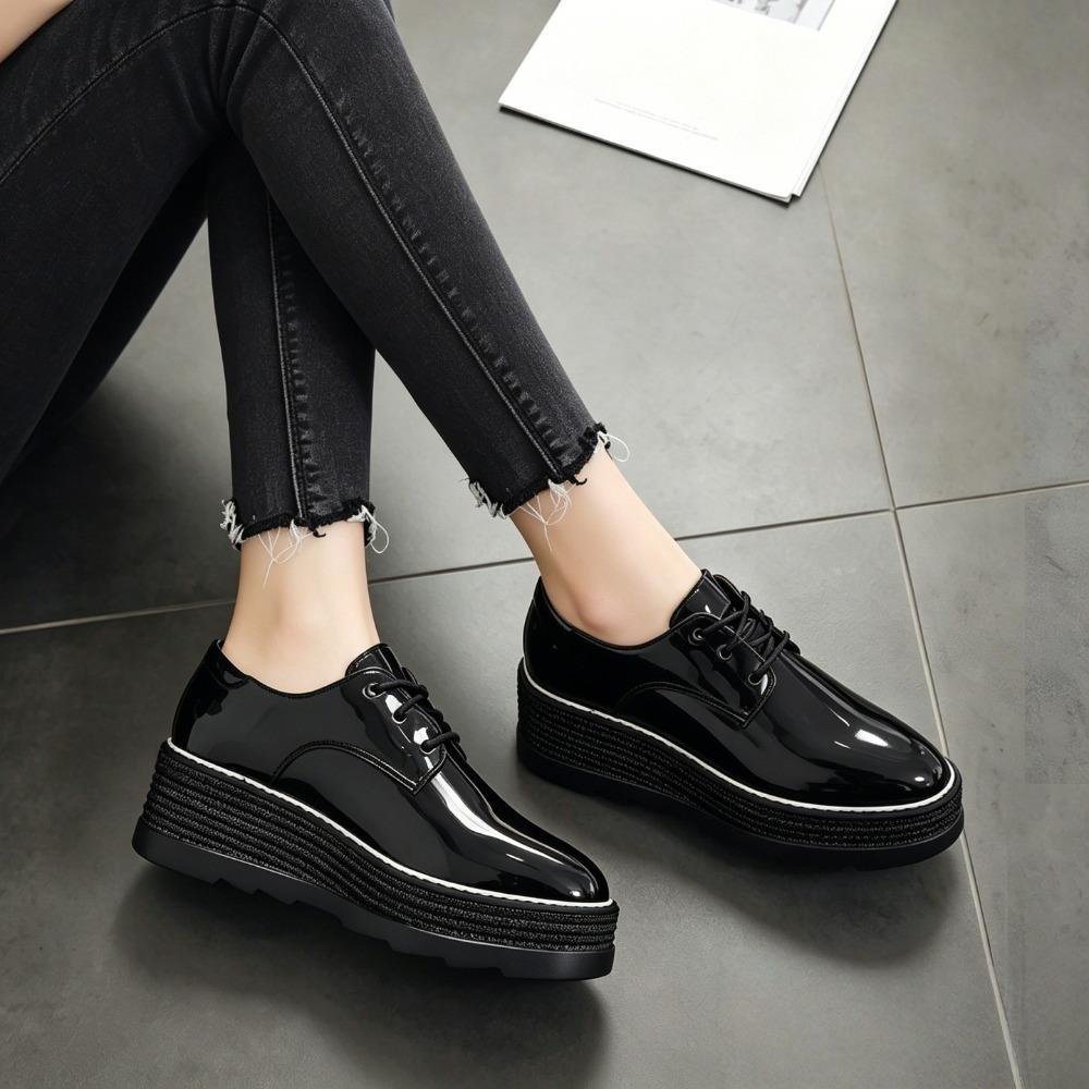 2026 New Women Round Toe Deep‑Cut Patent Leather Lace‑Up Wedge Platform Pumps, British Style Height‑Increase Versatile Thick‑Sole Casual Leather Shoes