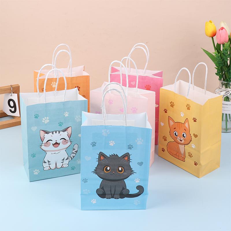6 Stück bunte Süßigkeitentüten mit Cartoon-Katzenpfotenabdruck, Papier, Geschenktüten mit Griffen für Haustier-Thema, Kindergeburtstagsparty, Dekorationen, Gastgeschenke