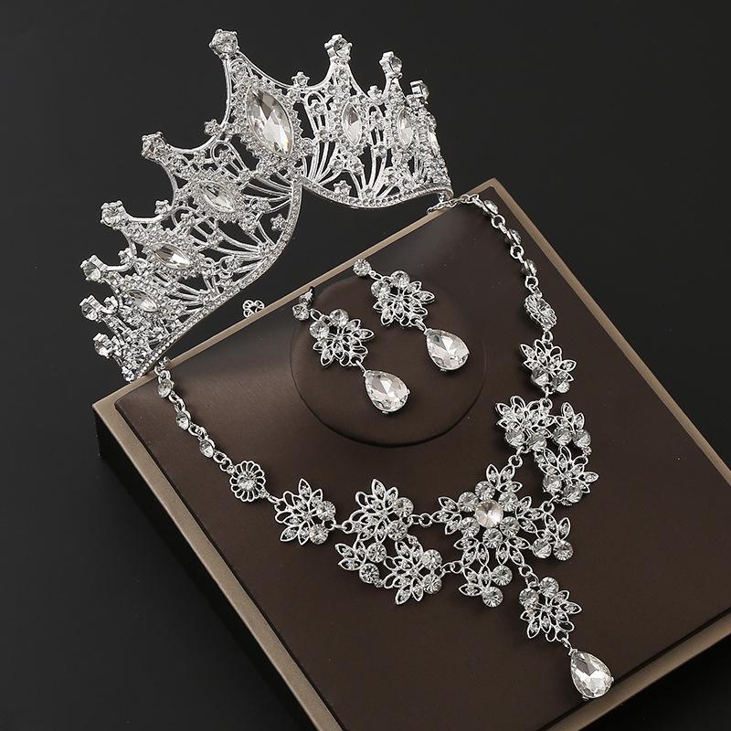 Brautkrone Legierung Strass Stirnband Hochzeit Geburtstag Krone Tiara Halskette Ohrringe Dreiteiliges Set Farbe