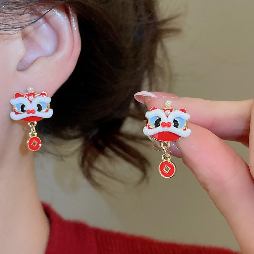 Year of Horse Lion Dance Ear Studs Awakened Lion Drop Earrings Bow Lion Dance Earrings  Wedding