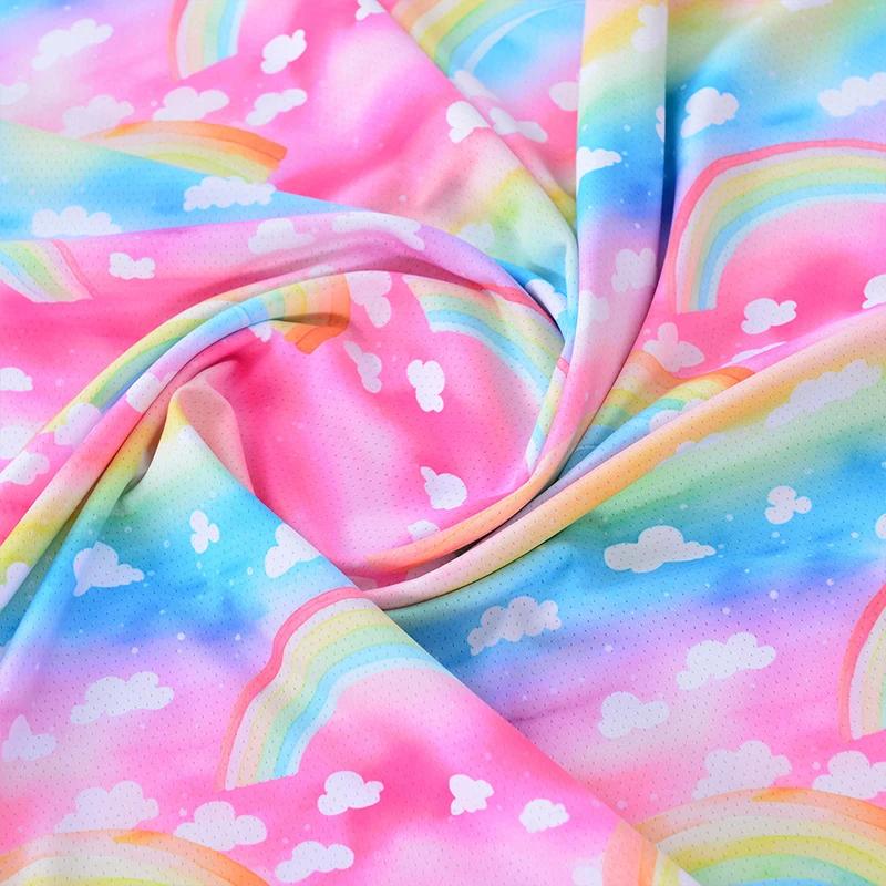160X100Cm Colorful Rainbow Cloud Print Satin Fabric Diy Clothing Handmade Doll Dressmaking Plain Weave Fabric for Craft Sewing
