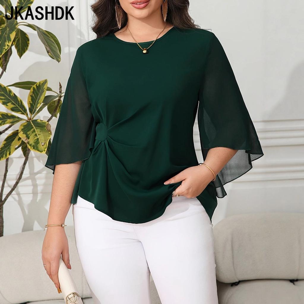 JKASHDK Moda damska Casual Lato Wiosna Jednolity kolor Nadruk Rękaw 1/2 Bluzki i koszule z okrągłym dekoltem