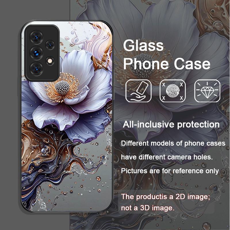 Luxury Lotus Marble Floral Pattern Tempered Glass Phone Case for Samsung Galaxy A56 A72 A55 A54 A53 A52 A36 A15 A14 A13 5G Cover