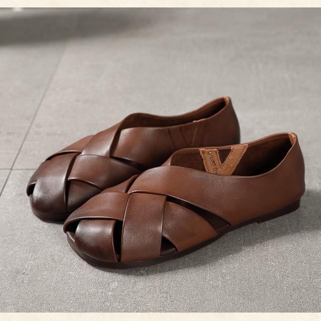 Frühling und Sommer neue Damenschuhe erste Schicht Rindsleder bequem weiche Sohle runde Spitze hohle Sandalen Damen