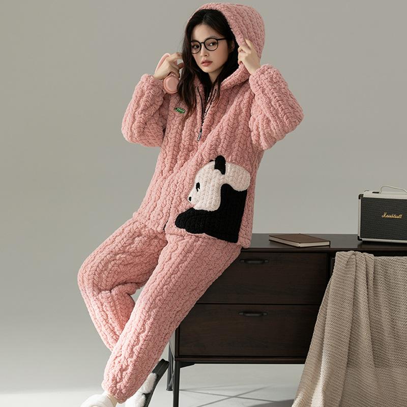 Coral Velvet Quilted Pajamas Women's Winter Three Layer Thick and Fleece Home Wear Women's Winter Flannel Thermal Set