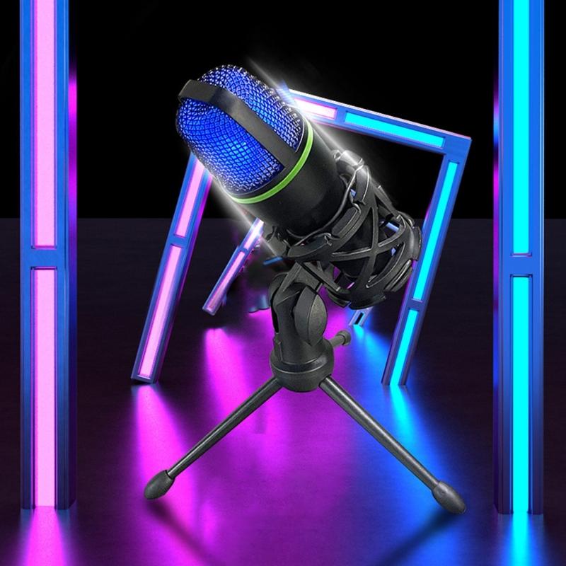 1 Set Condenser Microphone USB Gaming Mic Build-in LED Lighting for PC Laptop Gaming Singing and Recording