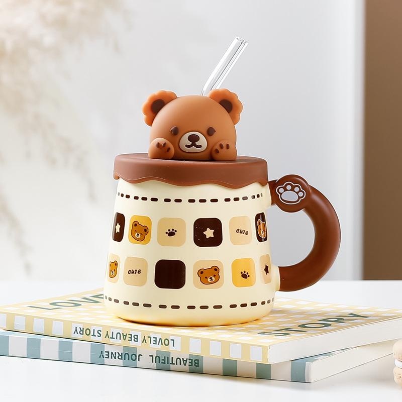 Korean version bear mug large capacity with lid straw creative cup cute coffee cup drinking cup gift box