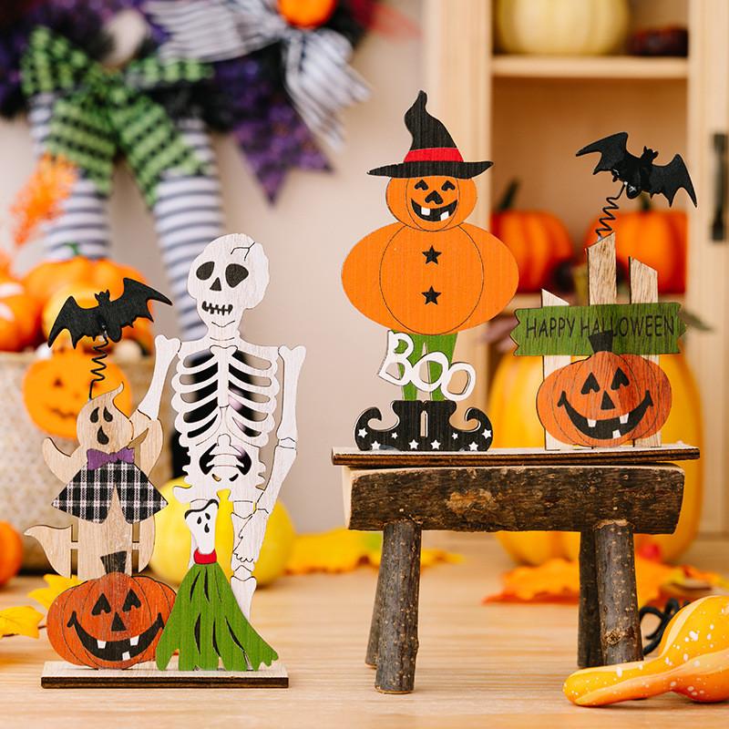 Whimsical Wooden Halloween Decoration Including Spring Bat Pumpkin And Skull For Atmosphere Spooky