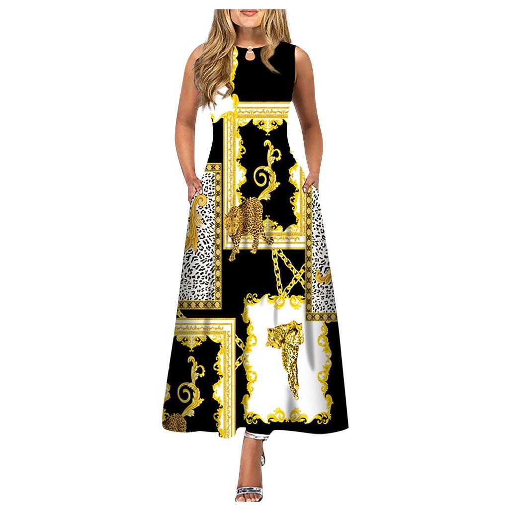 Women's Casual Printing Big Hem Dresswave Round Neck Sleeveless Long Dress