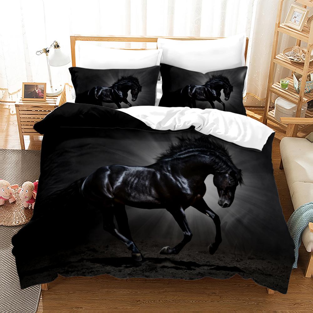 Luxury Black Horse Bedding Set Animal Microfiber Bed Linen Double Queen King Twin Size Gift Adults Men Duvet Cover Bedroom Decor
