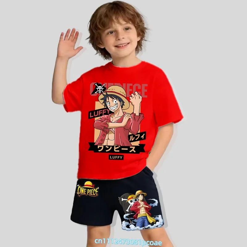 Children's Polyester Short-sleeved Shorts Set with "One Piece" Cartoon Print Boy's Sports Shirt for Summer T-shirt Set of 2 Pieces
