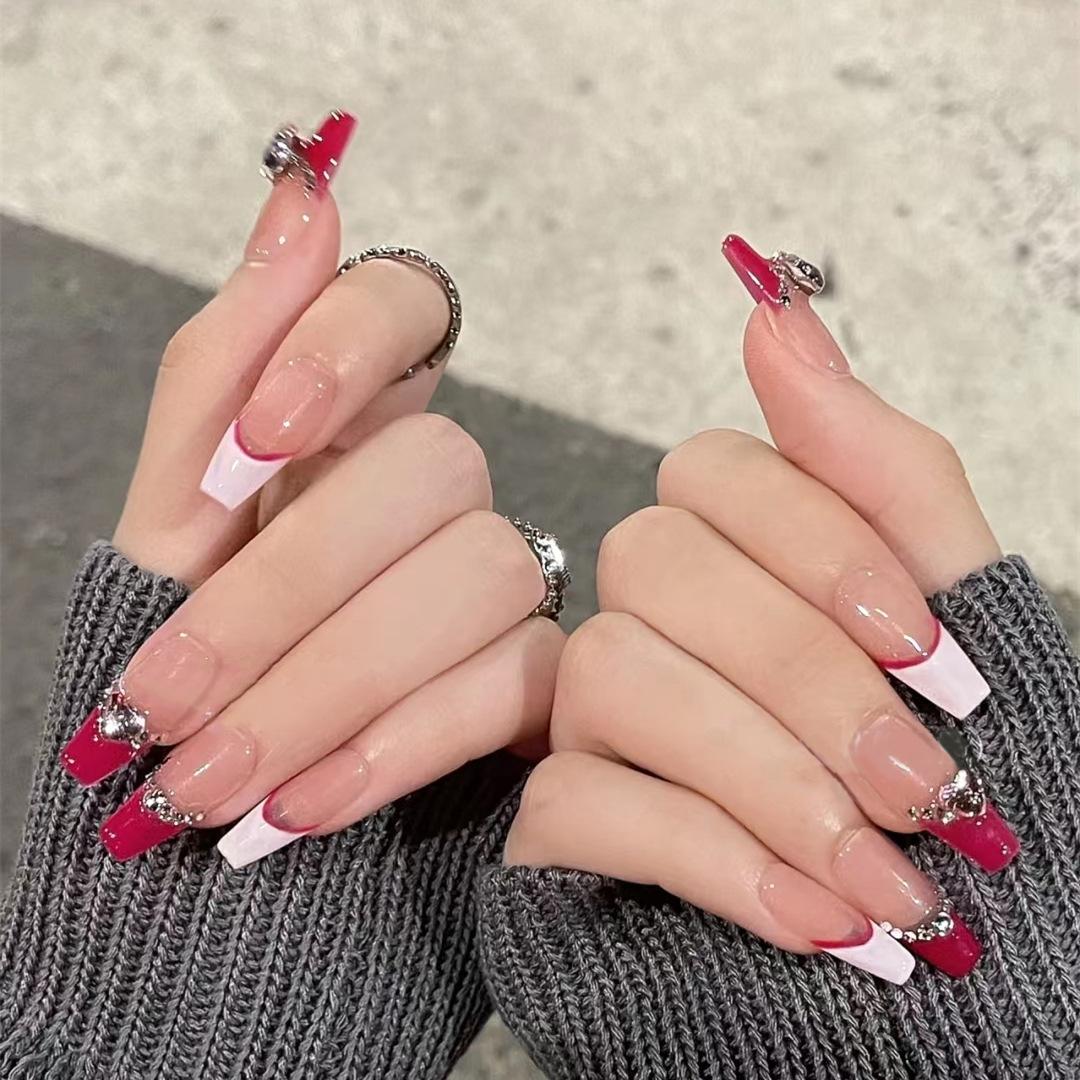 

Rose Pink Sweetheart Rhinestone Ballerina Press-On Nails - Long French Style