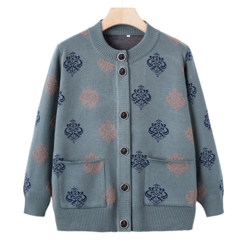 Early autumn grandma sweater cardigan middle elderly knitted autumn coat crew neck top mother mother-in-law clothes
