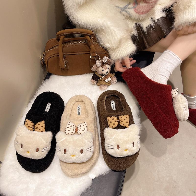 2025 autumn and winter solid color sweetheart bow kt cat hair slippers women's new cute cartoon outer cotton slippers