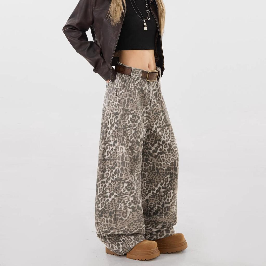 Unisex Retro Leopardenmuster Weite Hosen - Bodenlang, Lässige Scheren-Cut Hose für Trendigen, Entspannten Streetstyle.