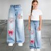 Girls' Fashionable Easter Cartoon Rabbit Printed Denim Pants - Spring/Summer Children's Casual Denim Pants