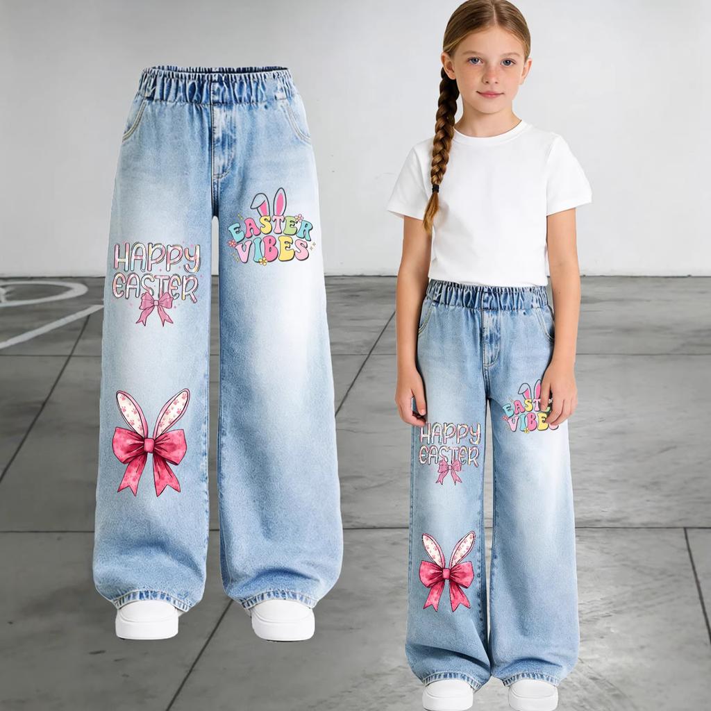 Girls' Fashionable Easter Cartoon Rabbit Printed Denim Pants - Spring/Summer Children's Casual Denim Pants