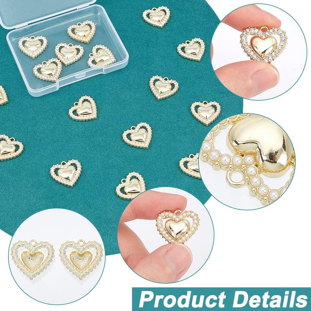 PandaHall 16pcs Rhinestone Heart Charms, 2 Style Alloy Charms Gold Plated Pendants Metal Pendants Love Charms for Jewelry Making Charms Wedding Gifts