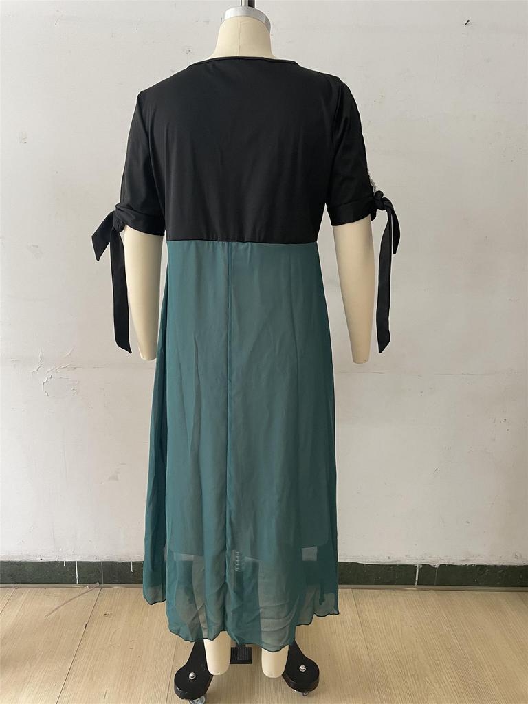 2025 Spring/Summer Women's Plus Size V-Neck Patchwork Short Sleeve Two-Piece Irregular Dress