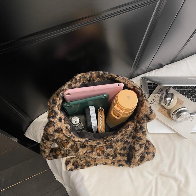 Leopard Print Fur Bag Women's Shoulder Crossbody Bag Vintage Tote Bag