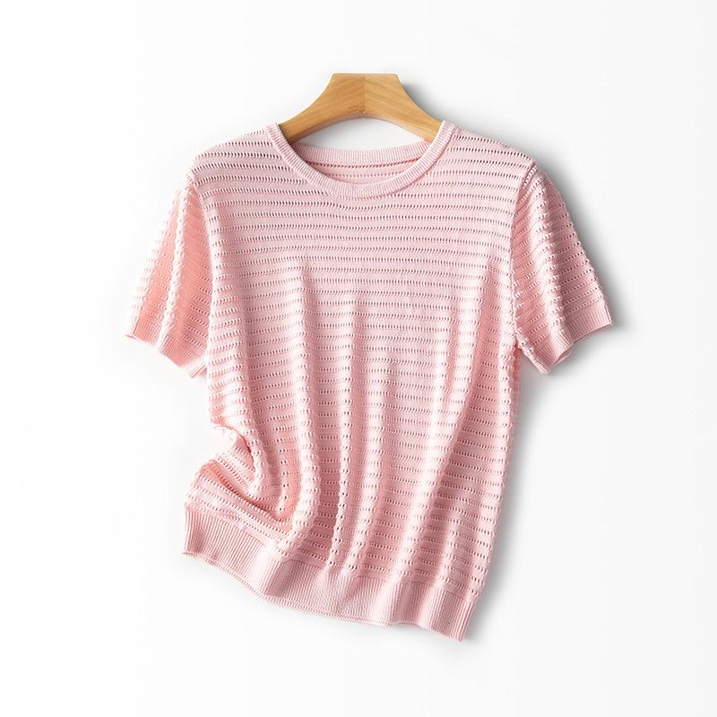 

Дизайнерская трикотажная футболка с коротким рукавом и вырезами, женская летняя новинка, свободная, для ношения под низ L розовый