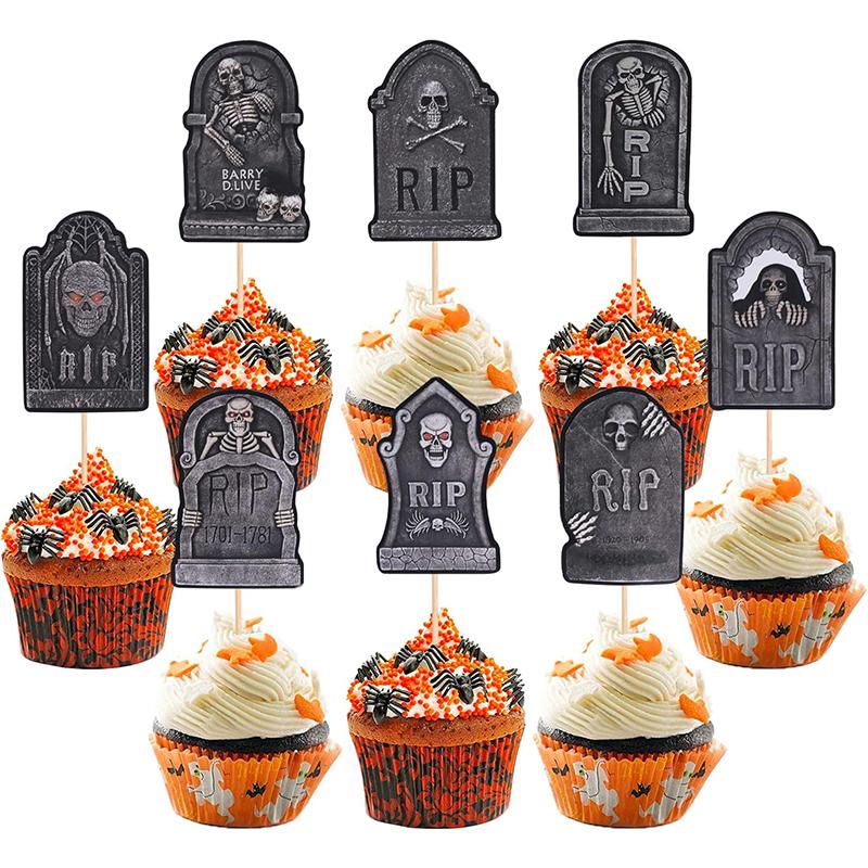 48/16Pcs Halloween Tombstone RIP Cupcake Topper Horror Skeleton Graveyard Gravestone Dessert Cake Toppers Halloween Party Decor