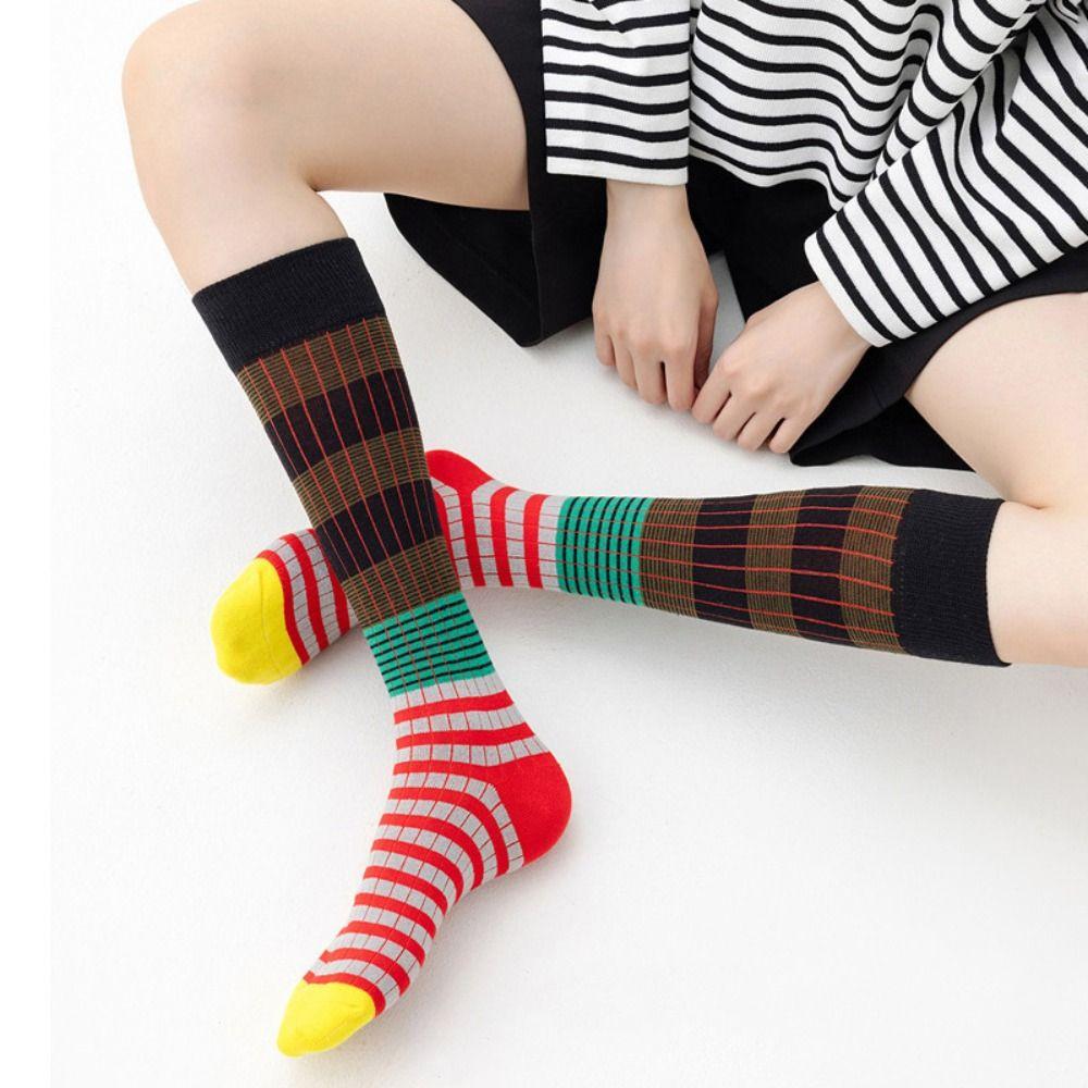 4pairs Patchwork Colorful Striped Calf Socks Japanese Style Retro Pile Socks  Girl