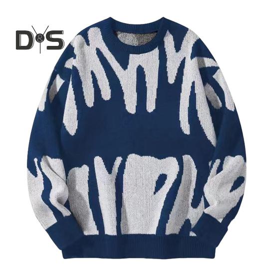 

Женский свитер с круглым вырезом и длинным рукавом, контрастный цвет, вязаный топ, свободный крой, напечатанный эластичный трикотаж, повседневная одежда S синий/белый