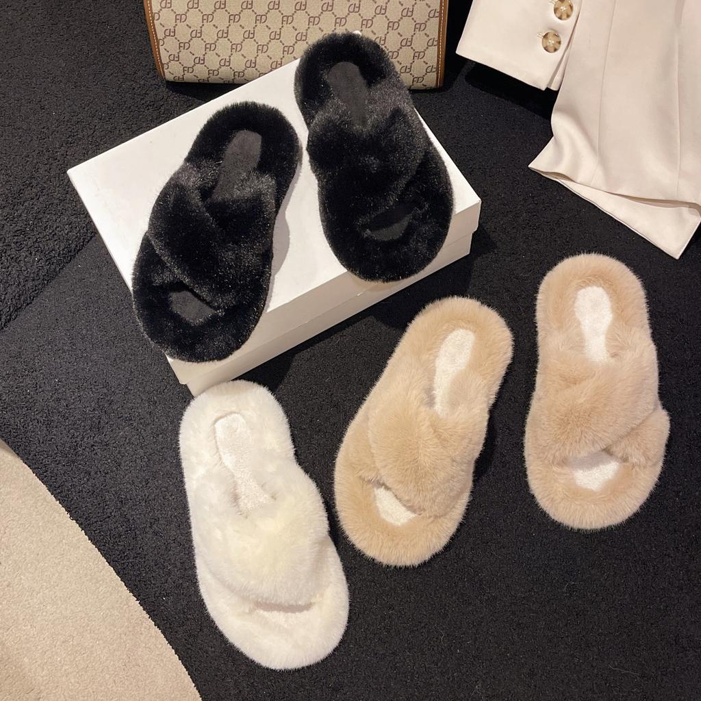 Foreign trade solid color fluffy slippers women's cross outer wear fashion large size home warm confinement cotton drag foreign trade