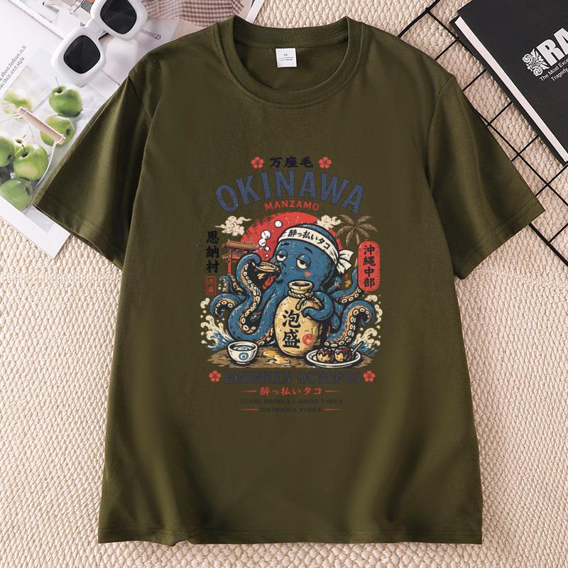 Drunken Octopus Okinawa TShirt Funny Japanese Streetwear Tee Graphic Tee Casual Round Neck Printed Cotton Short Sleeve Tees