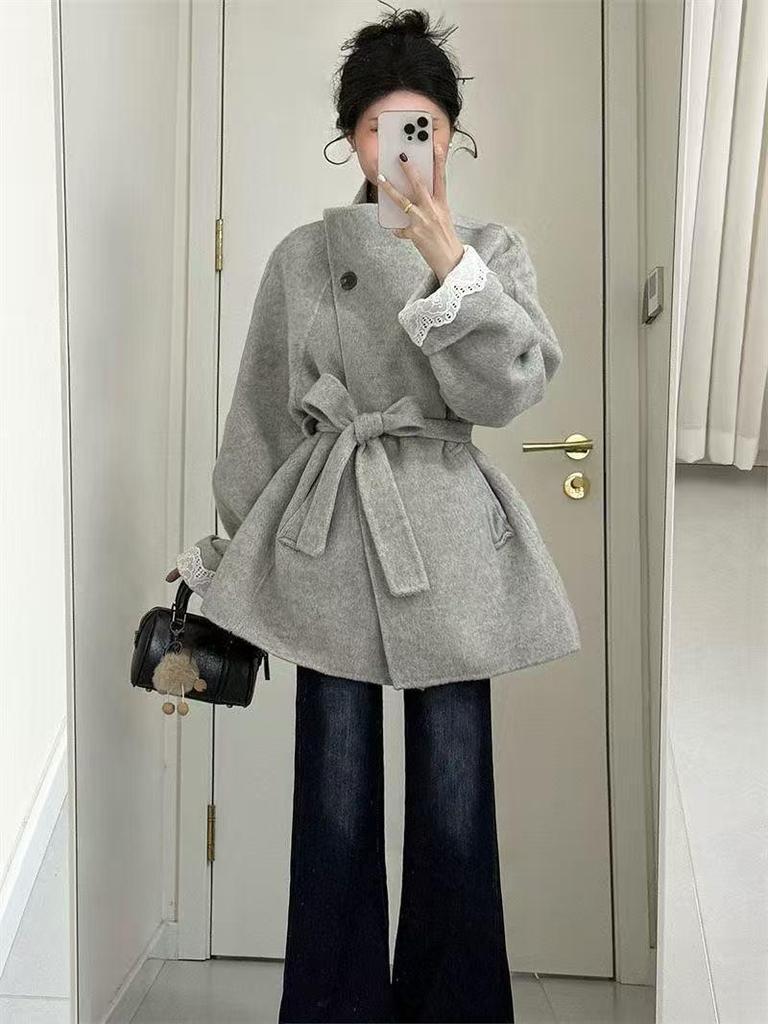 Winter 2025 Petite Deep Grey Wool Coat - Women's Thickened, Stylish Outerwear