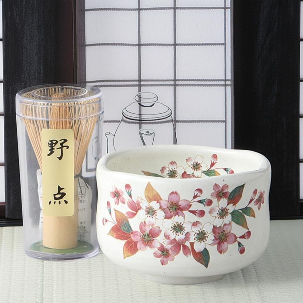 Matcha Bowl and Chasen x Cherry Blossom Outdoor Tea Ceremony Mino Made in Japan Ale-net Set, 9.3 H6.5cm, Powder-Glazed, Utensils, Ware,