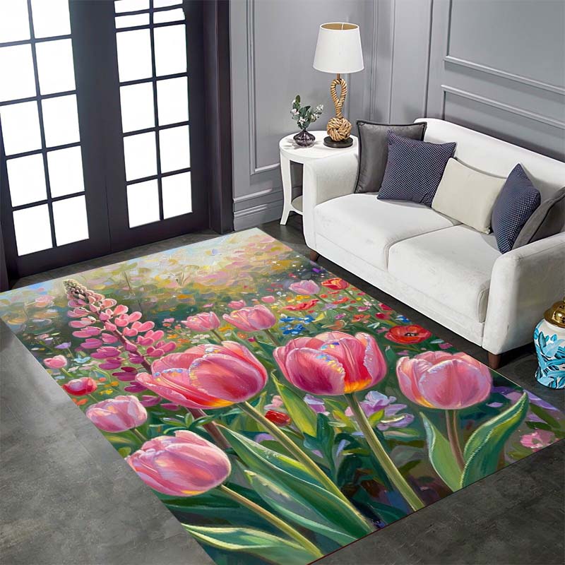 Vintage Floral Tulip Patterned Floor Mat, Non-slip, Machine Washable, Suitable for Living Rooms, Bedrooms, and Home Décor.