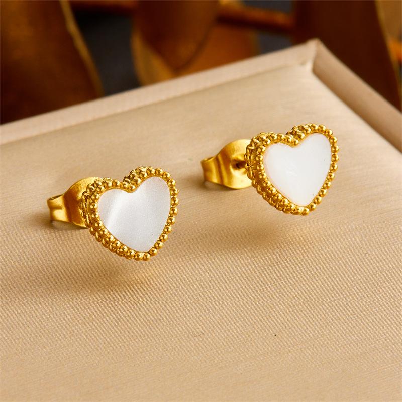 Gold Plated Mother of Pearl Heart Necklace Earrings Set Dainty Love Pendant Jewelry