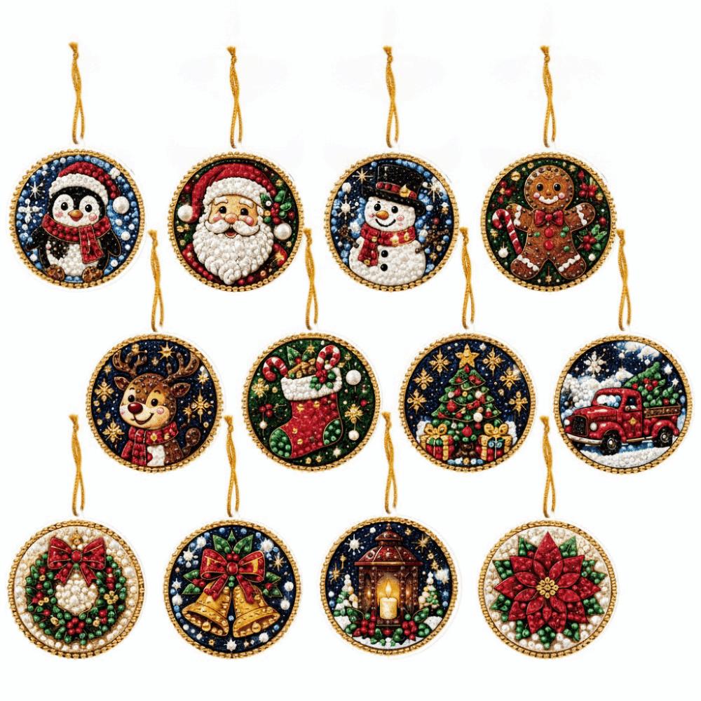 12pcs Christmas Hanging Ornaments Acrylic Board Rhinestone Decoration Set Fireplace Wreath