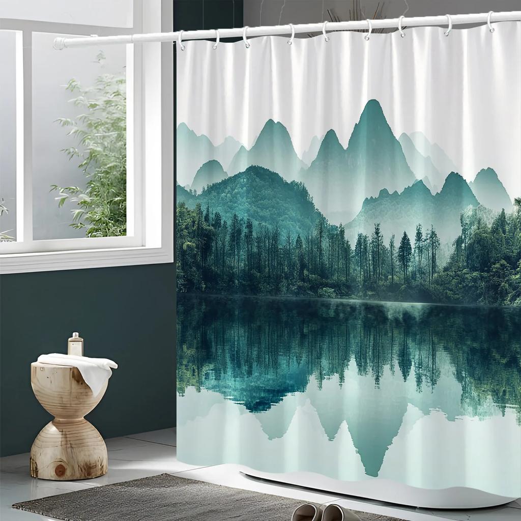 Serene Nature Shower Curtain - Misty Mountain & Lake, 70.8x70.8In, Machine Washable, Polyester, 12 Hooks, Fashionable Bath Decor