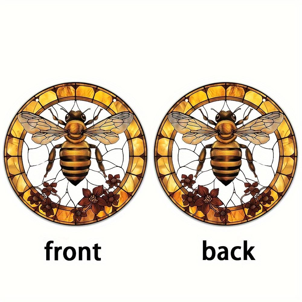 Bee and Flower Stained Glass Catcher, 8x8 inches,Christmas Holiday Themed Window Hanging Decoration, Garden Porch Bedroom Office Art, Decorative Gifts