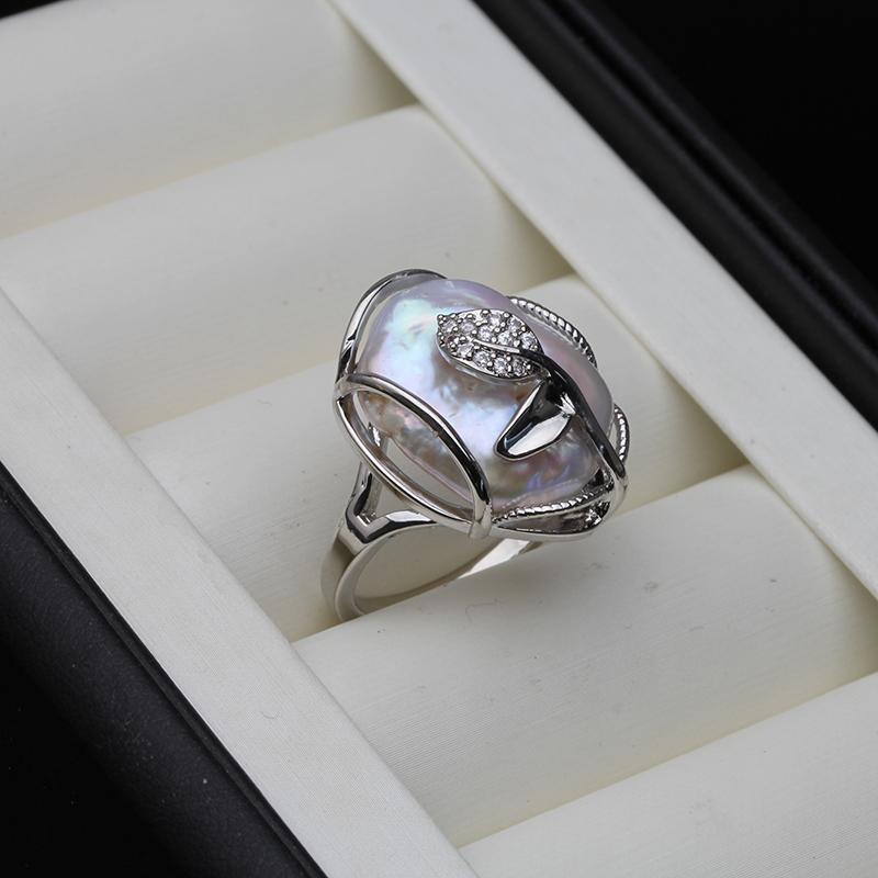 Genuine Freshwater Baroque Pearl Rings For Women,Big Natural Pearl Ring Adjustable Size Wife Anniversary Gift