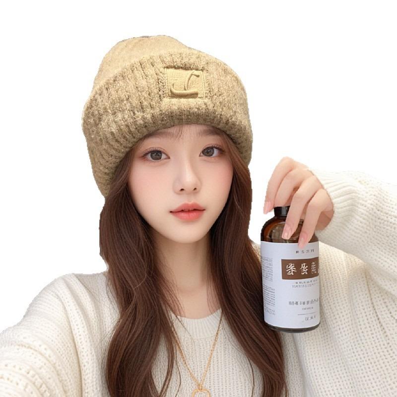 Women's Autumn and Winter Hats, Warm Ear Protectors, Stacked Hats, Big Head Circumference, Small Plush Hats, Versatile Knitted Cold Hats