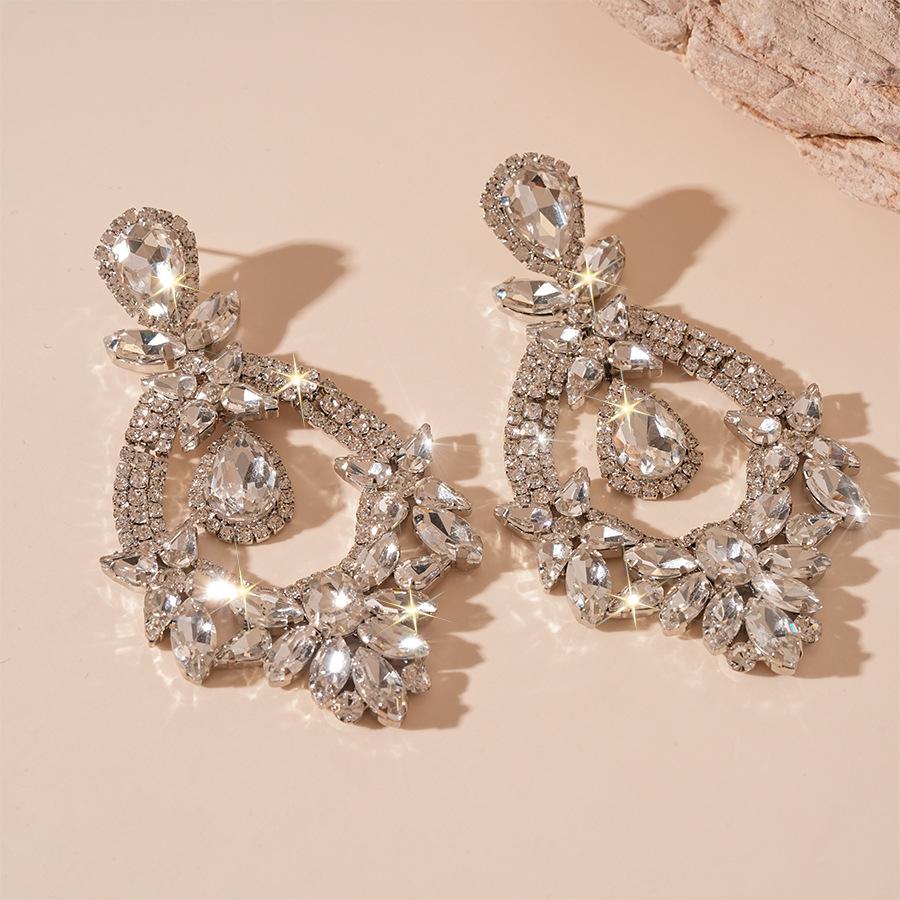 Super flash diamond-set flower water drop silver needle earrings personality exaggerated temperament ins earrings